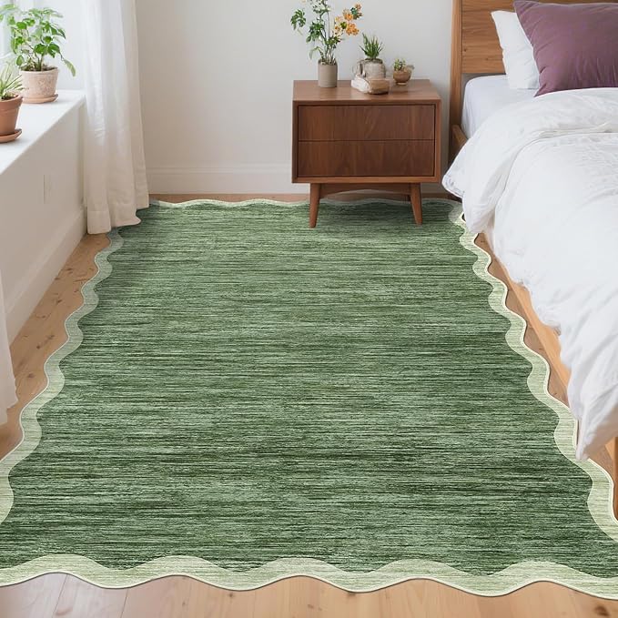 GarveeHome Scalloped Area Rug 4x6 - Washable Boho Bordered Non-Slip Entryway Rug, Abstract Green Farmhouse Living Room Rug Soft Throw Rugs for Entrance Hallway Bedroom Kitchen Nursery, Green