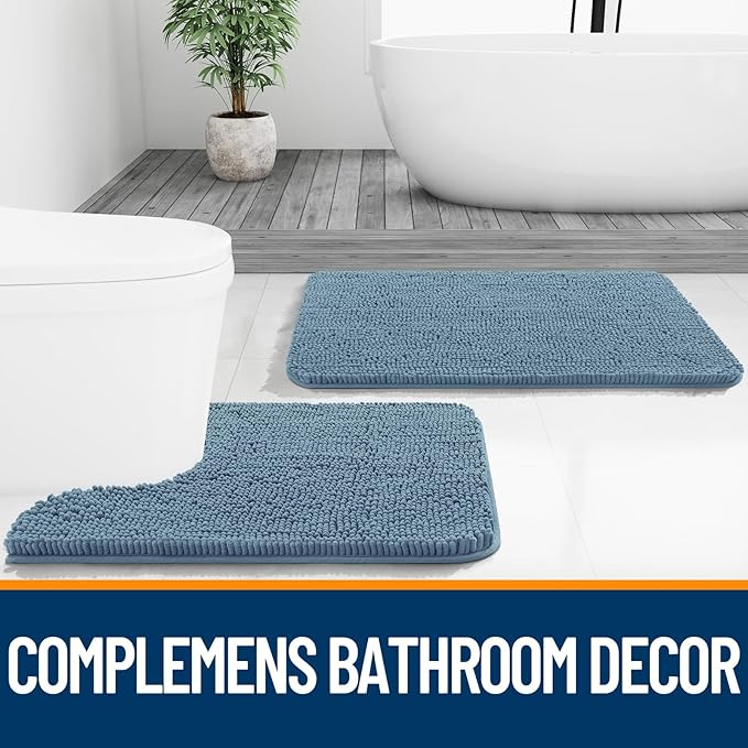 OLANLY Bathroom Rugs 30x18, Extra Soft Absorbent Chenille Bath Rugs, Rubber Backing Quick Dry, Machine Washable Bath Mats for Bathroom Floor, Tub and Shower, Home Decor Accessories, Airy Blue
