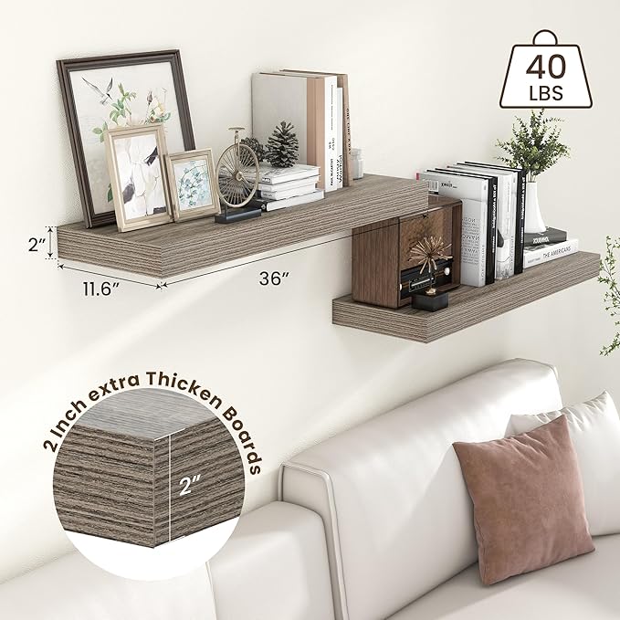 FLYJOE Deep Floating Shelves | 36 Inch Grey Floating Shelves Set of 2 | 12 Inch Deep Rustic Wood Shelves for Wall | 36" W x 12" D Grey Shelves for Living Room Bathroom Laundry Room Kitchen