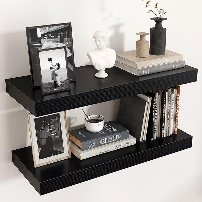 Venusmiles Floating Shelves for Wall, Engineered Wood Wall Shelves with Invisible Brackets for Living Room Bedroom Bathroom Office Kitchen Decor and Storage (Black, 24" W x 9" D x 1.5" H) Set of 2