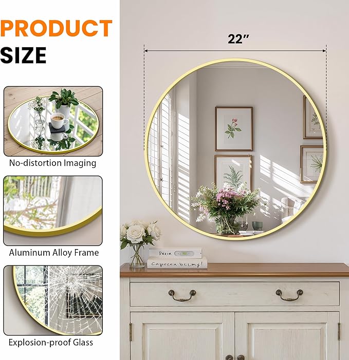 Round Bathroom Mirror for Wall, 2 Pack 22 inch Circle Bathroom Mirrors for Over Sink, Modern Circular Metal Frame for Vanity, Entryway, Bedroom, Living Room(Gold)
