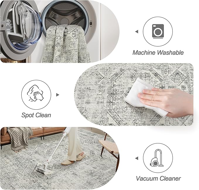 Soalmost 5x7 Area Rugs Grey Low Pile Indoor Washable Trendy Faded Style Floral Rugs for Bedroom Living Room Dining Room Foldable Non-Slip Thin Print Mat