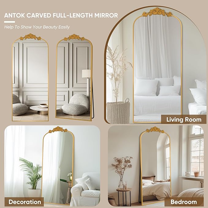 Antok Arched Full Length Mirror, 65"x24" Floor Mirror with Carved, Full Body Mirrors for HomeDecor, Standing/Halling Large Wall Mirror for Bedroom, Living Room, Cloakroom, Gold, Retro Style