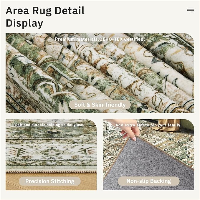 Soalmost 6x9 Area Rugs for Living Room Non-Slip Washable Rugs 6x9 Vintage Rug for Bedroom Dinning Room Ultra-Thin Area Rugs Farmhouse Home Decor Olive/Beige