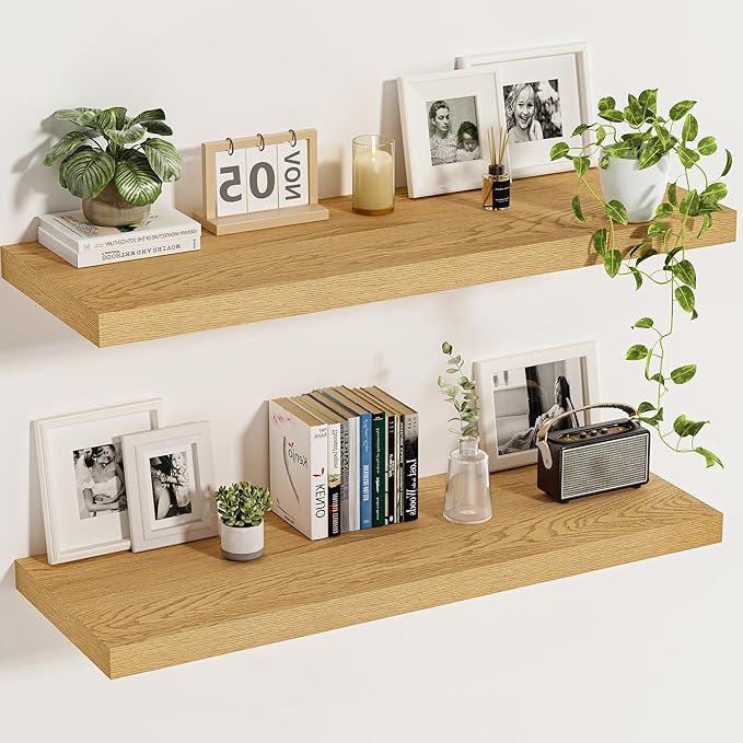 Vivelove 12 Inch Deep Floating Shelves 35.4 inch Long, Thick Wall Shelves with Invisible Brackets, for Bedroom Bathroom Living Room Kitchen Office, Rustic Farmhouse Decor, 36x12x1.5 Set of 2, Oak