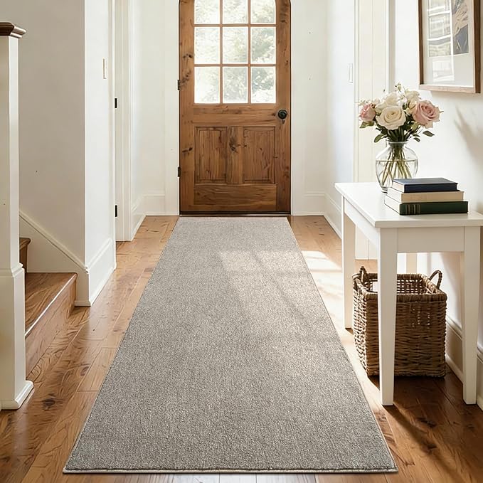 FinRèc 2x6 Washable Runner Rugs for Kitchen Hallway Bedroom, Low Pile Thin Rug Solid Color, Non-Slip Carpet Indoor for Home Decor (Greige/White)