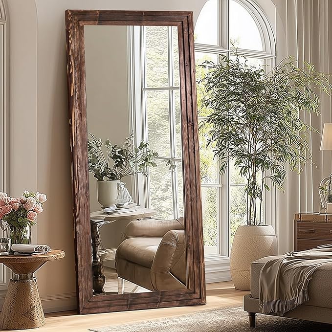 Full Length Wood Mirror 71x30 - Rustic Solid Wood Floor Mirror with Triple Layer Frame, HD Tempered Glass, Wall Mounted or Leaning Standing Mirror Vintage Brown Mirror for Bedroom Bathroom Living Room