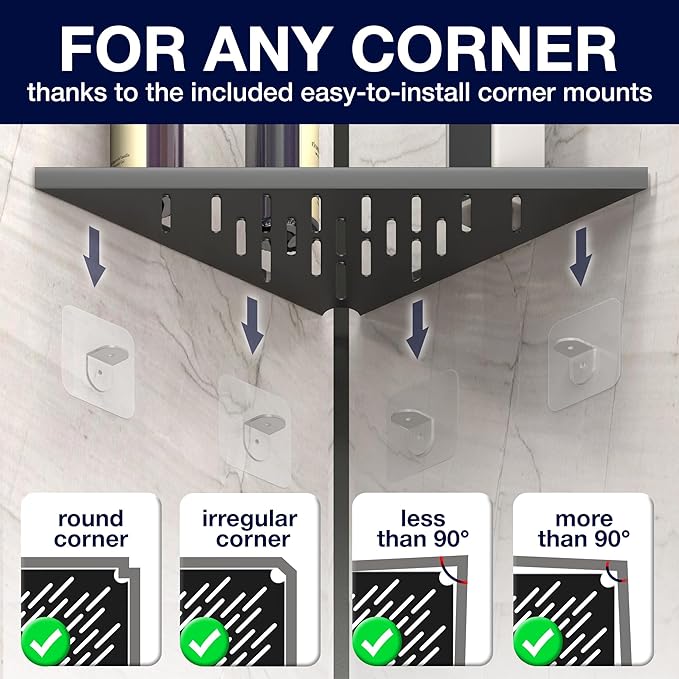 Bathroom Corner Shelves for Shower - Adhesive / Stick / Drill / No Drill - 16" Strong Black Floating Corner Shelf for Tiled Wall, Bathroom, Inside Shower Caddy, Shelf Wall Mount Triangular, Organizer