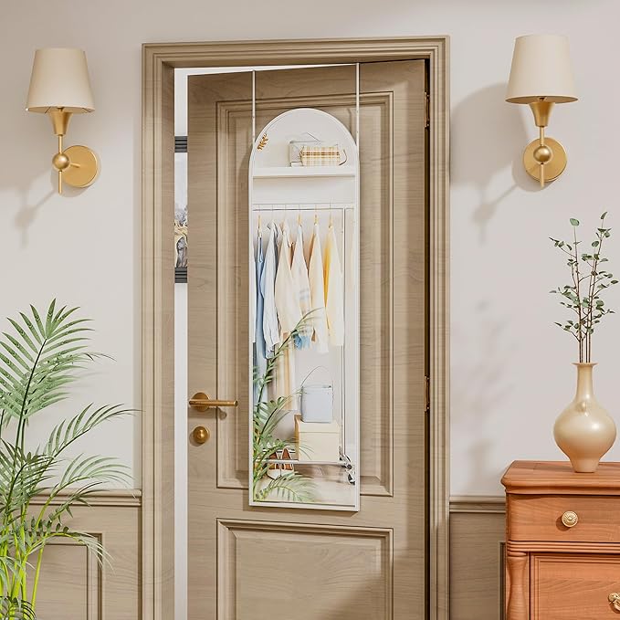 Vlush Door Mirror, Full Length Mirrors Over The Door, 14'' x 48'' Hanging/Rectangular Wall Mirror, Wall-Mounted/Hanging/Leaning, Home Decor,(White)
