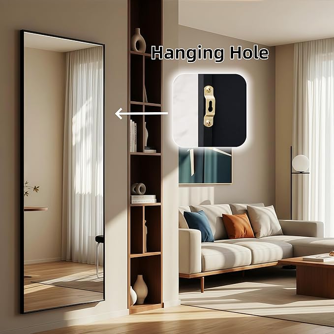 Full Length Mirror 71"x30"Rectangle with Stand Aluminum Alloy Frame Wall Mountable Tempered Glass Full Body Mirror, Standing Hanging or Leaning Against Wall for Bedroom and Living Room Black