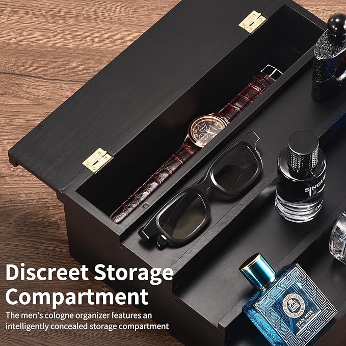 Perfume Organizer for Men, 4 Tier Wood Perfume Display Stand with Velvet Lining Drawer and Hidden Compartment for Watch,Jewelry,Perfume Display Risers,A Gift for Men (Black)
