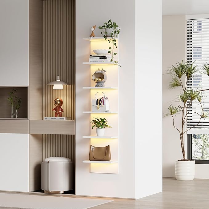 Qupui 6 Tier Wall Shelf Unit with LED Light, Floating Storage Home Decor Organizer Shelving for Bedroom Living Room, White