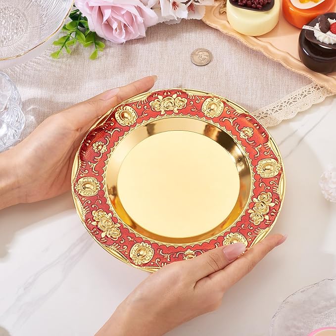 1pcs Golden Serving Tray for Party 4.8" Vintage Round Decorative Plate Tray Jewelry Makeup Organizer Dishes Bathroom Vanity Tray for Gift Wedding Coffee Table Dessert Christmas 20 cm (Red)