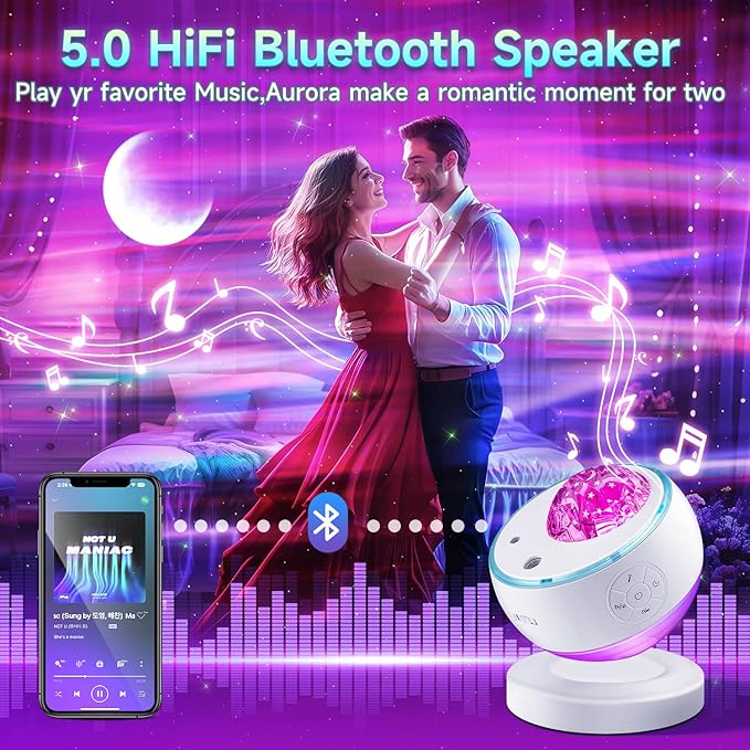 Staryou Iceberg Northern Lights Projector, White Galaxy Projector with Bluetooth Speaker & 15 White Noise, Aurora Light with Detachable Base, 300+ Light Modes, Ideal Gift & Bedroom Decor