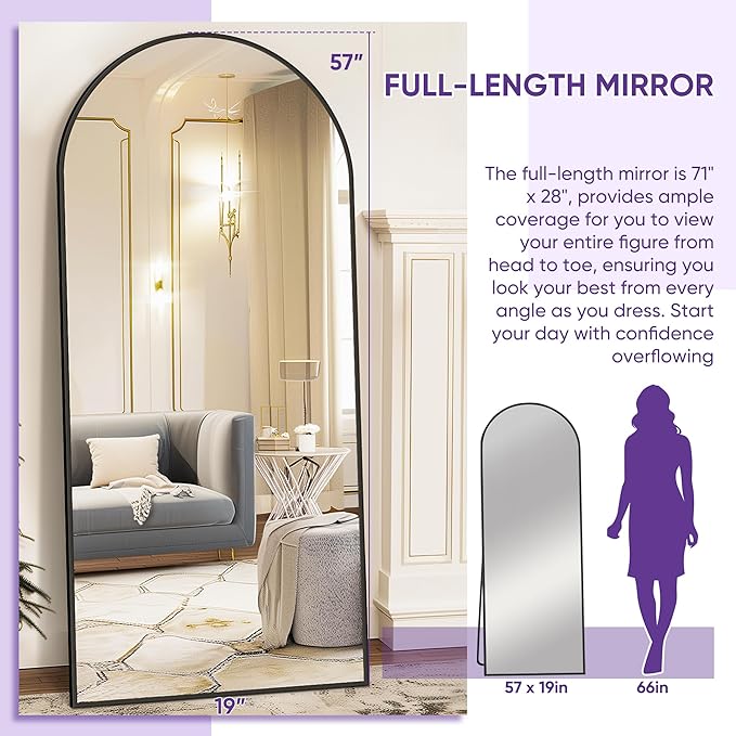 Full Length Mirror, 58"x19" Arched Floor Mirror Freestanding, Floor Standing Full Body Mirror with Stand for Bedroom, Hanging Mounted for Living Room Cloakroom, Black