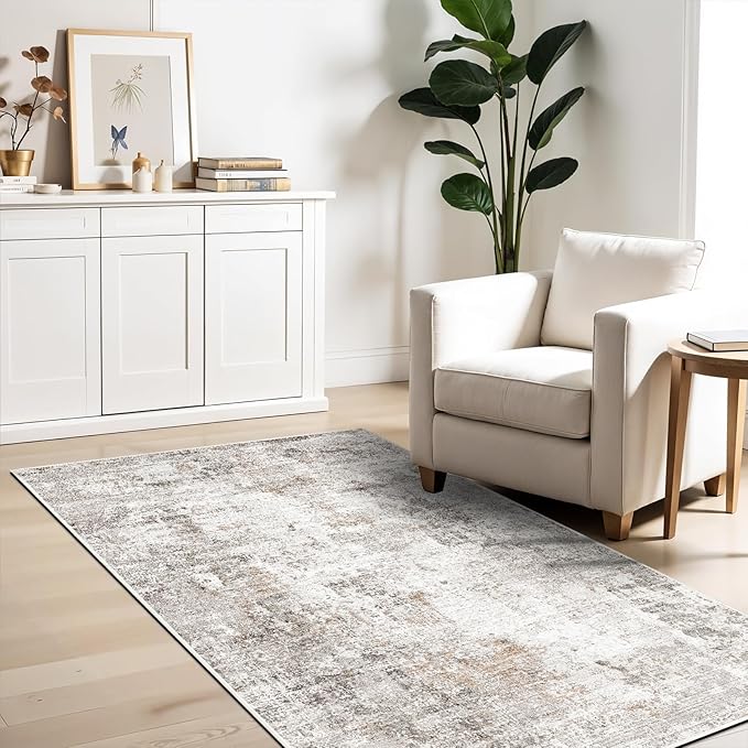 4x6 Washable Entryway Rug – Non-Slip Low-Pile Small Area Rug for Kitchen Bedroom Living Room Office – Modern Abstract Neutral Throw Carpet with Rubber Backing (Beige, Grey)