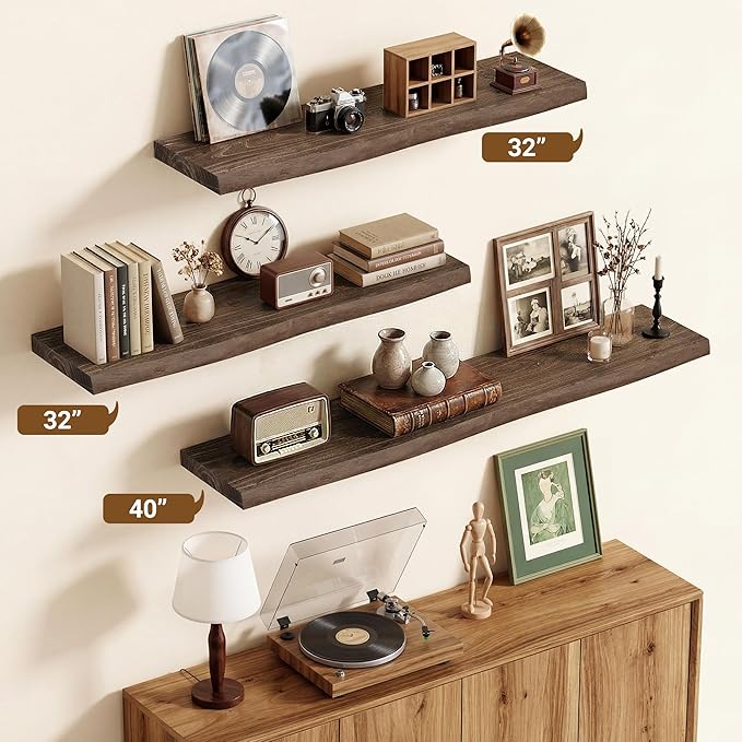 Vivelove Live Edge Floating Shelves for Wall Solid Elm Wood, Rustic Farmhouse Wall Shelf with Invisible Bracket for Living Room Bedroom Bathroom Office Book, 32 Inches - Set of 2 - Dark Walnut