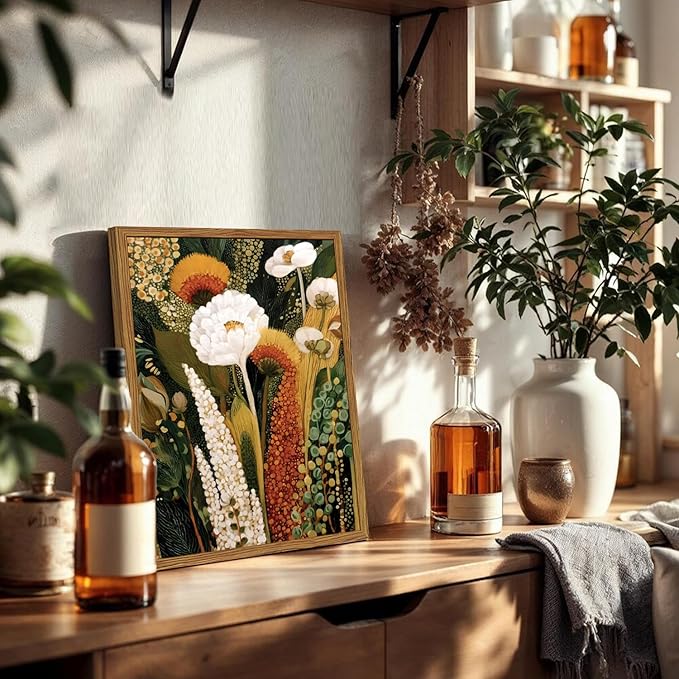 Framed Vintage Floral Canvas Wall Art, Abstract Flower Pictures Wall Decor, Boho Wildflower Botanical Paintings Prints Mid Century Modern Home Decor Aesthetic for Living Room Bedroom 16x24 inch