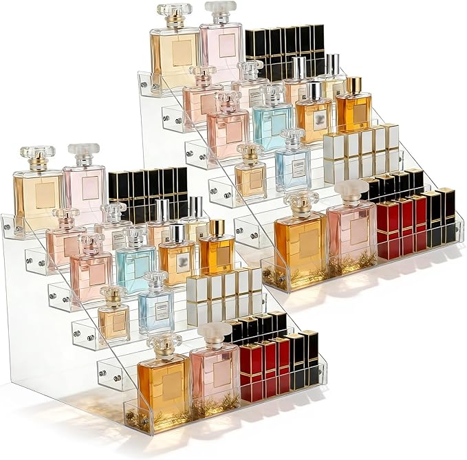 2-Pack 6-Tier Acrylic Display Shelf, Clear Nail Polish Paint Organizer - Wide Slot Multi-Layer Riser for Perfume, Makeup, Figures, Spices, Cards & Stickers