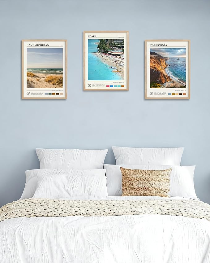 HesenDot Natural OAK Wood Oahu Hawaii Framed Wall Art,12x16in Tropical Beach Canvas Wall Print, Modern Coastal Ocean Wall Decor for Living Room Bedroom Office Gallery, Set of 1