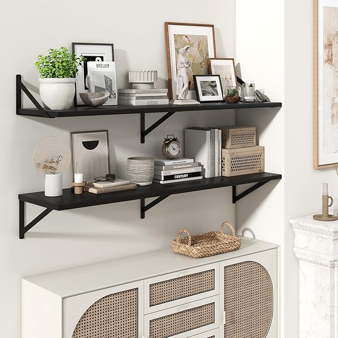 Marsmiles 12 Inch Deep Floating Shelves | 48 Inch Black Wall Shelves Set of 2 | Rustic Wood Floating Shelves for Living Room Bedroom Bathroom