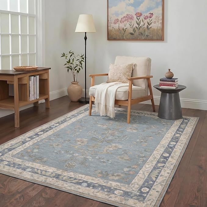 GENIMO 5x7 Area Rugs for Living Room, Machine Washable Non Slip Vintage Rugs, Low Pile Lightweight Chenille Print Rug for Bedroom, Dining Room, Home Office, Dusty Blue
