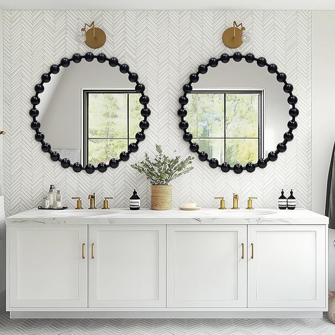 Round Black Mirror 24'', Spherical Frame Round Beaded Mirror for Wall Decor Large Circle Mirror for Bathroom, Dining Roon, Bed Room, Entryway