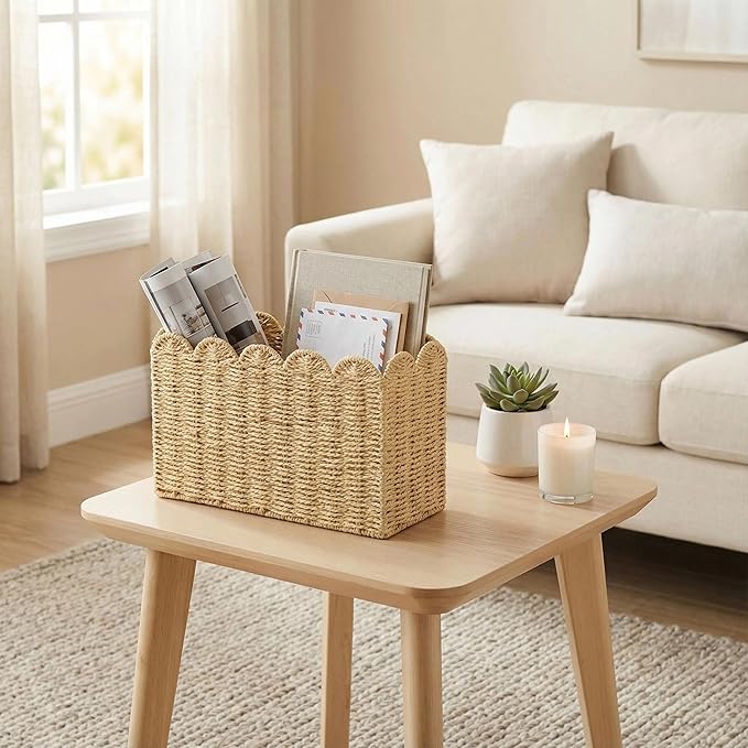 Paper Rope Magazine Holder for Floor, Wicker Magazine Basket, Tall Narrow Book Basket & File Holder for Books, Mail, Newspapers & Papers, Scalloped Storage Basket for Living Room, Office, Bedroom