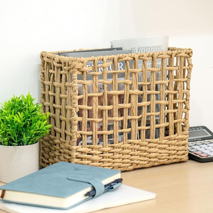 YRMT Magazine Holder Paper Rope Woven Storage Basket for Magazines, Newspapers, Books Decorative Folder Organizer Bin for Home Office