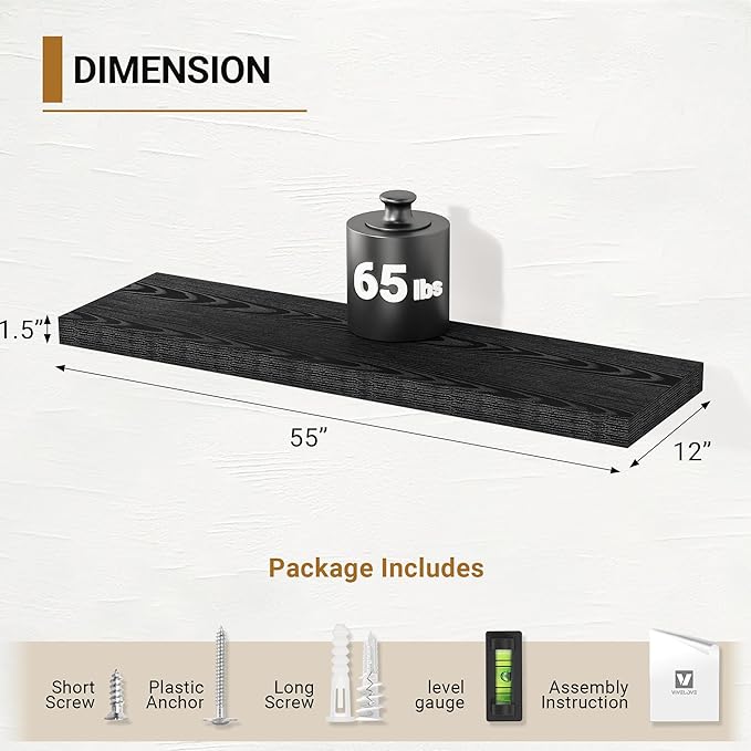Vivelove Black Floating Shelves 55 Inches Wide, 12" Deep Wall Shelves for Bedroom, Bathroom, Living Room, Kitchen, Office, Rustic Home Decor Shelf with Invisible Brackets, 55" X 12" X 1.5", Set of 2