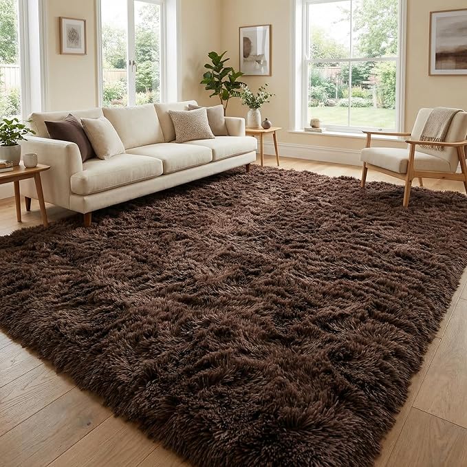 Large Area Rugs for Living Room, 7x10 Soft Fluffy Shaggy Rug, Machine Washable Non-Slip Plush Fuzzy Indoor Carpet, Aesthetic Home Decor for Bedroom,Kids Room,Nursery,Dorm, Coffee Brown