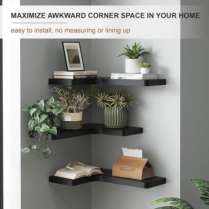 fuqing Corner Floating Shelves for Storage, Set of 3, Solid Wood, Wall Mount Wooden Display Shelf for Bathroom Bedroom Kitchen Garage, Black