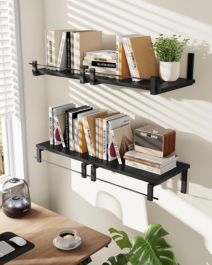 CHOEZON Deep Floating Shelves for Wall, 12 inch Wall Mounted Shelves Set of 2, Wide Floating Shelves for Living Room, Bedroom, Study, Bathroom, Black TBJ02P2BB