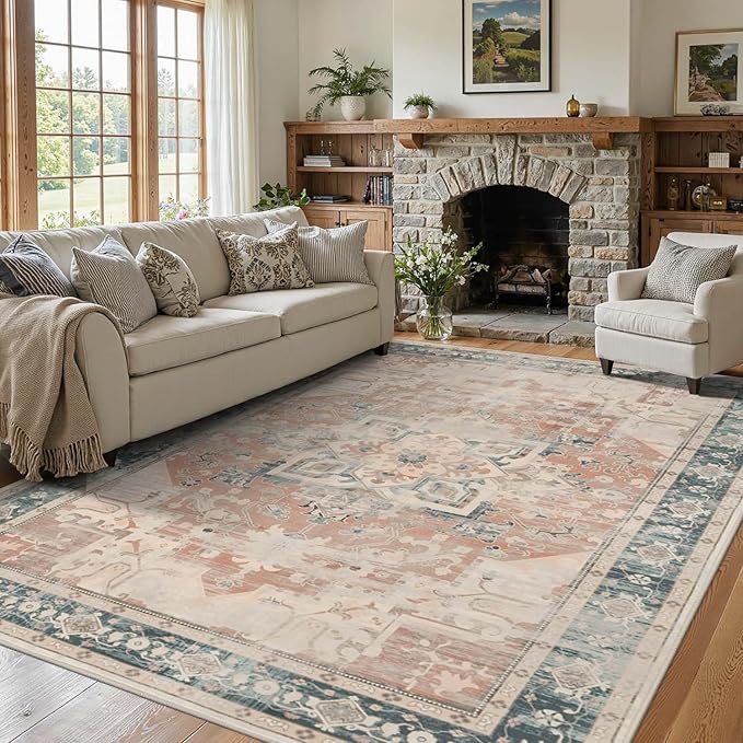 Rugxara 5X7 Washable Area Rug for Living Room, Neutral Vintage Boho Rugs for Office, Dining Room, Kids Room, Farmhouse, Low Pile Non Slip Carpet for High Traffic Areas, Coral