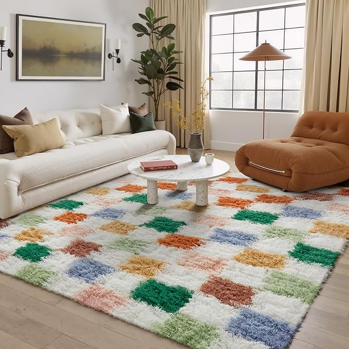 PureCozy Checkered Rug 5x7 for Living Room, Modern Neutral Shag Rug Super Soft Washable Indoor Fuzzy Carpet Non-Slip Fluffy Rugs for Bedroom Home Aesthetic Decor