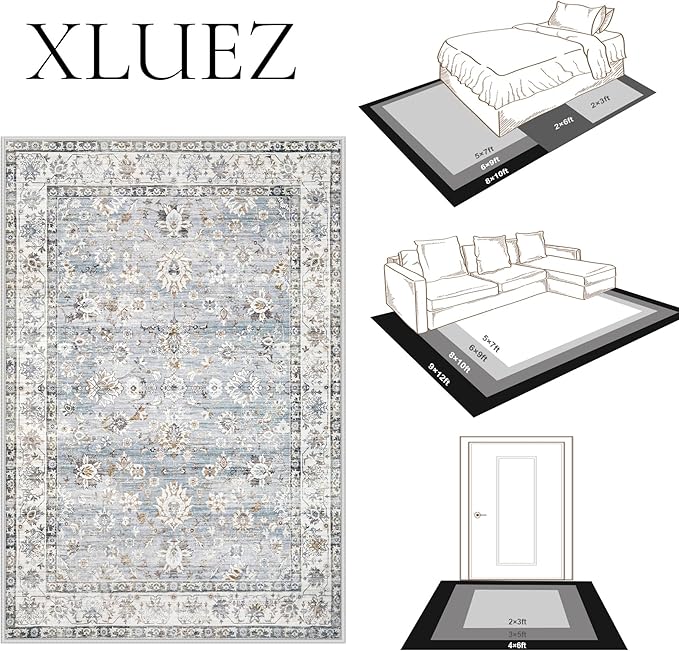 XLUEZ Area Rug 8x10 Living Room Rug, Machine Washable Vintage Distressed Boho Area Rug Non-Slip Soft Low Pile Large Indoor Rugs for Bedroom Kitchen Dining Room Office(Light Blue,8'x10')