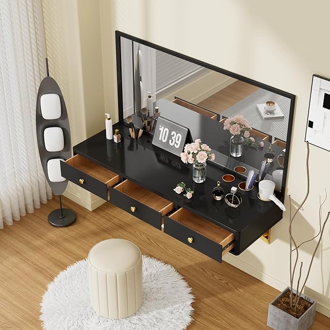 47-Inch Floating Shelf Wall-Mounted Vanity Table with Drawer, Makeup Desk, Closet Organizer, Black, MDF+Glass