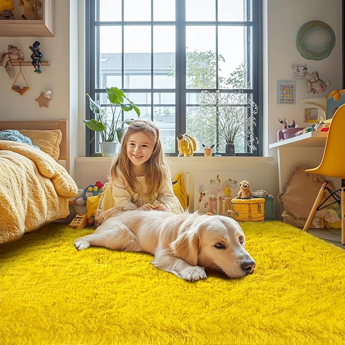 Yellow Fluffy Area Rug for Bedroom: Soft Plush Rugs for Kids Room - Non-Slip Carpet for Girls Bedroom Home Decor Aesthetic(4x6 Feet)