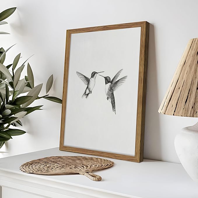 Vintage Wall Art Framed Hummingbird Canvas Print, Modern Farmhouse Birds Wall Decor, Living Room Sketch Painting Picture, Minimalist Black and White Bird Bedroom Decor – 8x10 inch