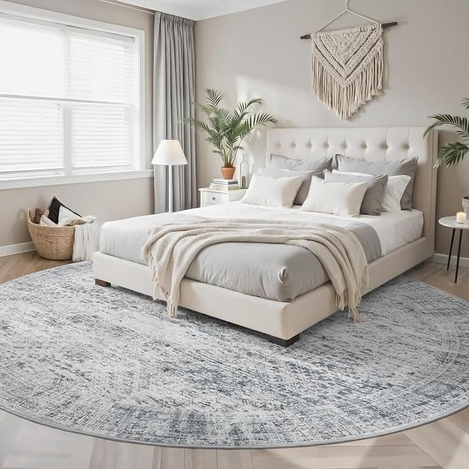 Soalmost 8x8 Grey Round Rug 8ft Living Room Circle Rug Vintage Round Area Rug Non Slip Indoor Carpet for Apartment