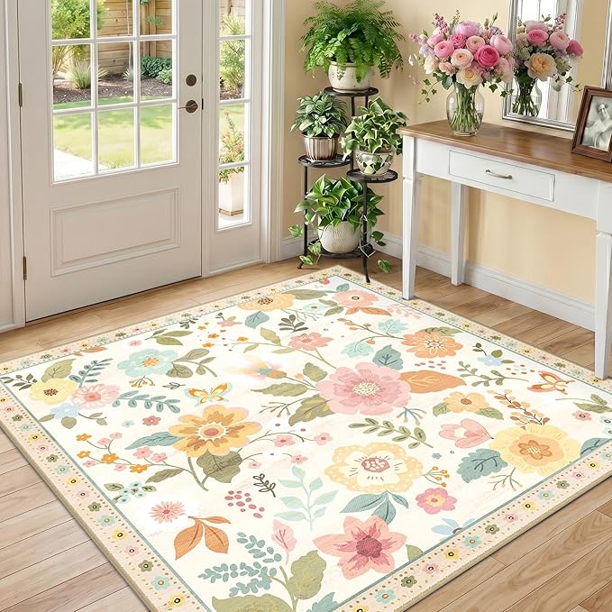 RELEANY Floral Nursery Square 5ft Area Rugs Washable Print Boho Cute Carpet Non Slip Flower Low Pile for Living Room Kids Girls Playroom Bedroom Kitchen Office Farmhouse-Beige/White/Orange
