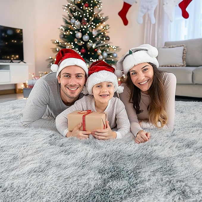 KICHOWUA 3x5 Fluffy Shag Light Grey Rug for Bedroom, Soft Fuzzy Plush Washable Non Slip Carpet, Comfy Shaggy Furry Small Area Rug for Living Room, Kids Baby Boys Girls Nursery Dorm, Tie-Dye Gray
