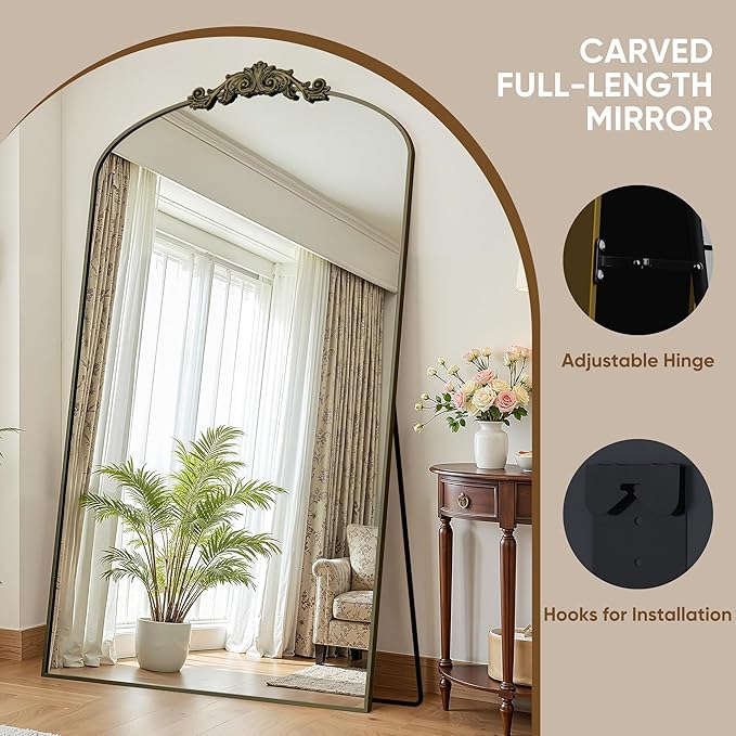 Antok Arched Full Length Mirror, 72"x44" Floor Mirror with Carved, Full Body Mirrors for HomeDecor, Standing/Halling Large Wall Mirror for Bedroom, Living Room, Cloakroom, Bronze, Retro Style