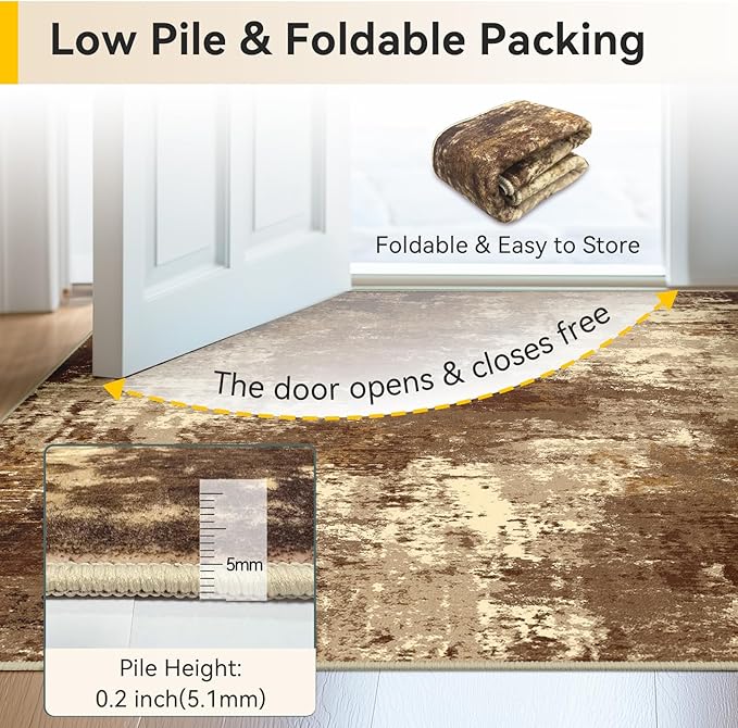RELEANY Washable Area Rugs 2'x6' Non-Slip Modern Abstract Soft for Living Room Entryway Bedroom Nursery, Print Pattern, Brown Tan Beige Coffee