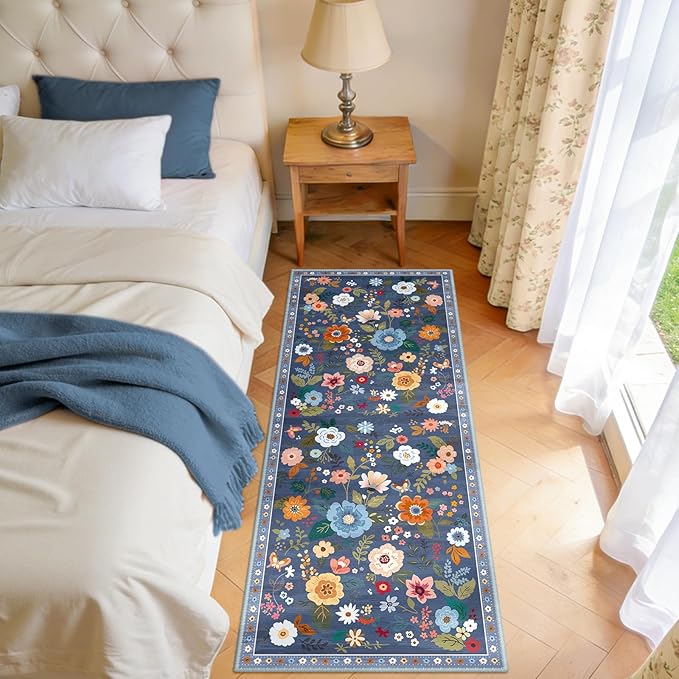 RELEANY Floral Nursery 2x5 Area Rugs Washable Print Boho Cute Carpet Non Slip Flower Low Pile for Living Room Kids Girls Playroom Bedroom Kitchen Office Farmhouse-Blue/Grey