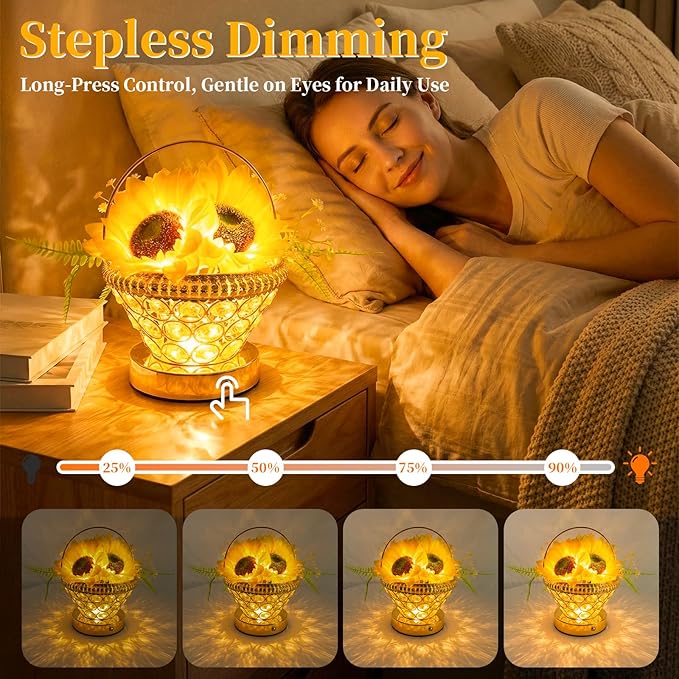 Pearl Sunflower Lamp – Cordless USB-Rechargeable LED Night Light with 3-Color Touch Control, 3D-Printed Flower Table Lamp, Bedroom Reading Light, Dimmable Centerpiece, Birthday Gift for Women