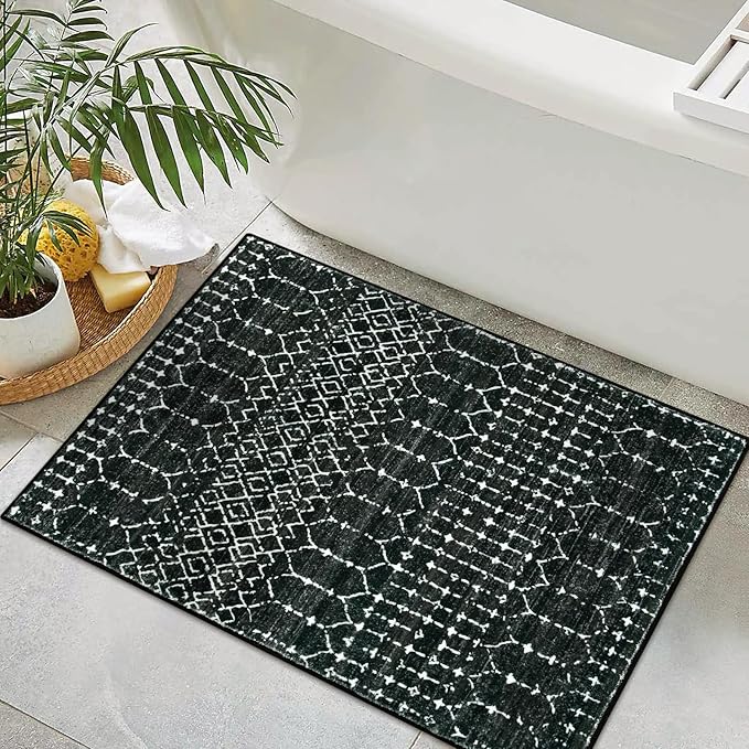 Lahome Moroccan Entry Rug 2x3, Non-Slip Washable Front Indoor Door Mat Rubber Backing Low-Profile Door Rugs, Small Geometric Print Distressed for Entryway Bathroom Kitchen, Black Hana