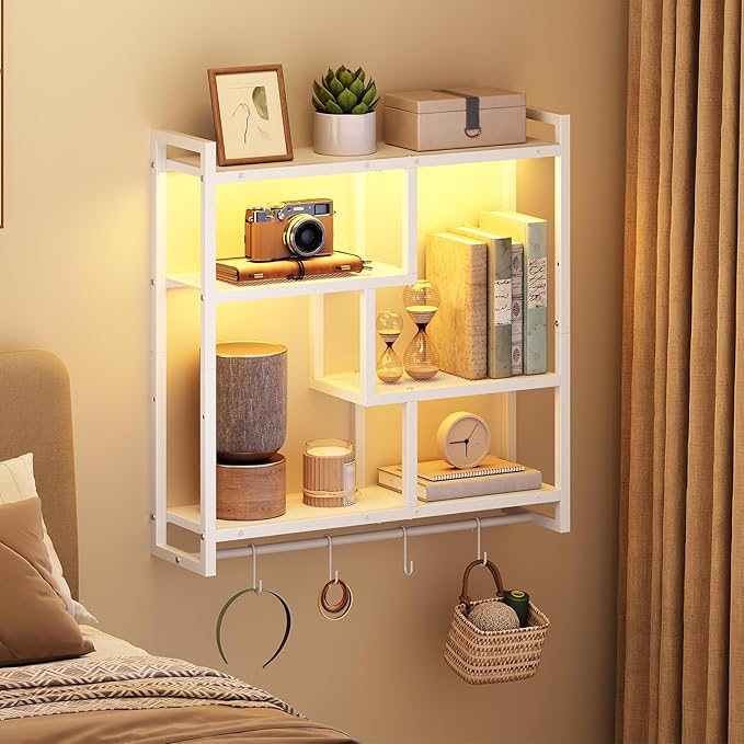 HOOBRO Gaming Floating Shelves with LED Lights, 28.7" LED Wall Mounted Shelf, 4-Tier Floating Wall Shelf for Storage, Display Rack with Hanging Bar and 4 S Hooks, for Gaming Room, White WT37DBJ01