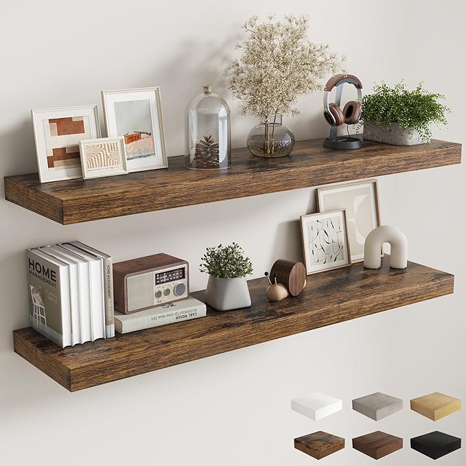 Fun Memories 55 Inch Fireplace Mantel Shelf, 12 Inch Deep Shelves for Display & Wall Storage, Rustic Wood Wall Shelf, Extra Long Floating Shelves for Bathroom Bedroom Living Room, Rustic Brown, 2 Pack