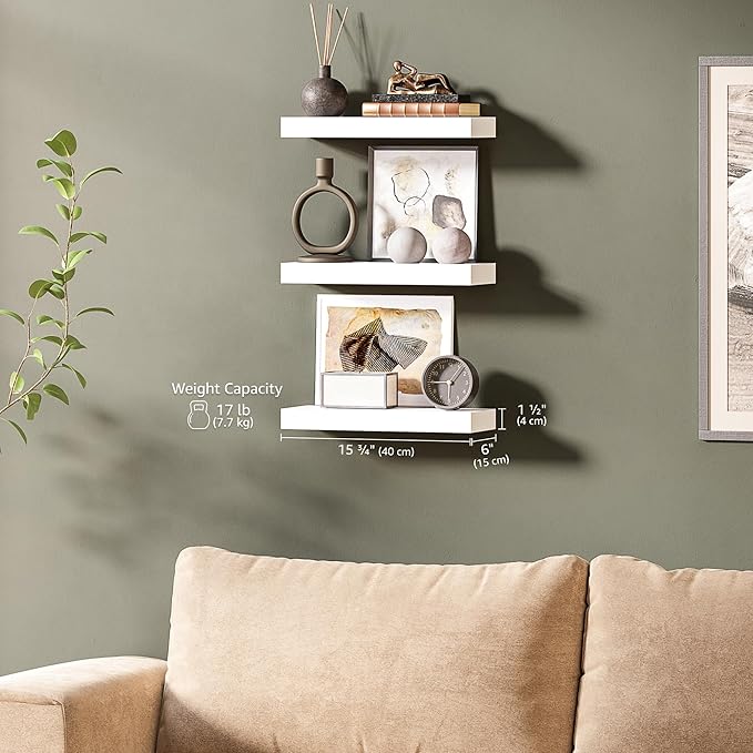 Ballucci Floating Shelves, 16" Wood Wall Shelf Set of 3, Invisible Brackets Floating Shelf for Wall Decor Living Room, Bathroom, Bedroom, Kitchen, 6" Depth, White
